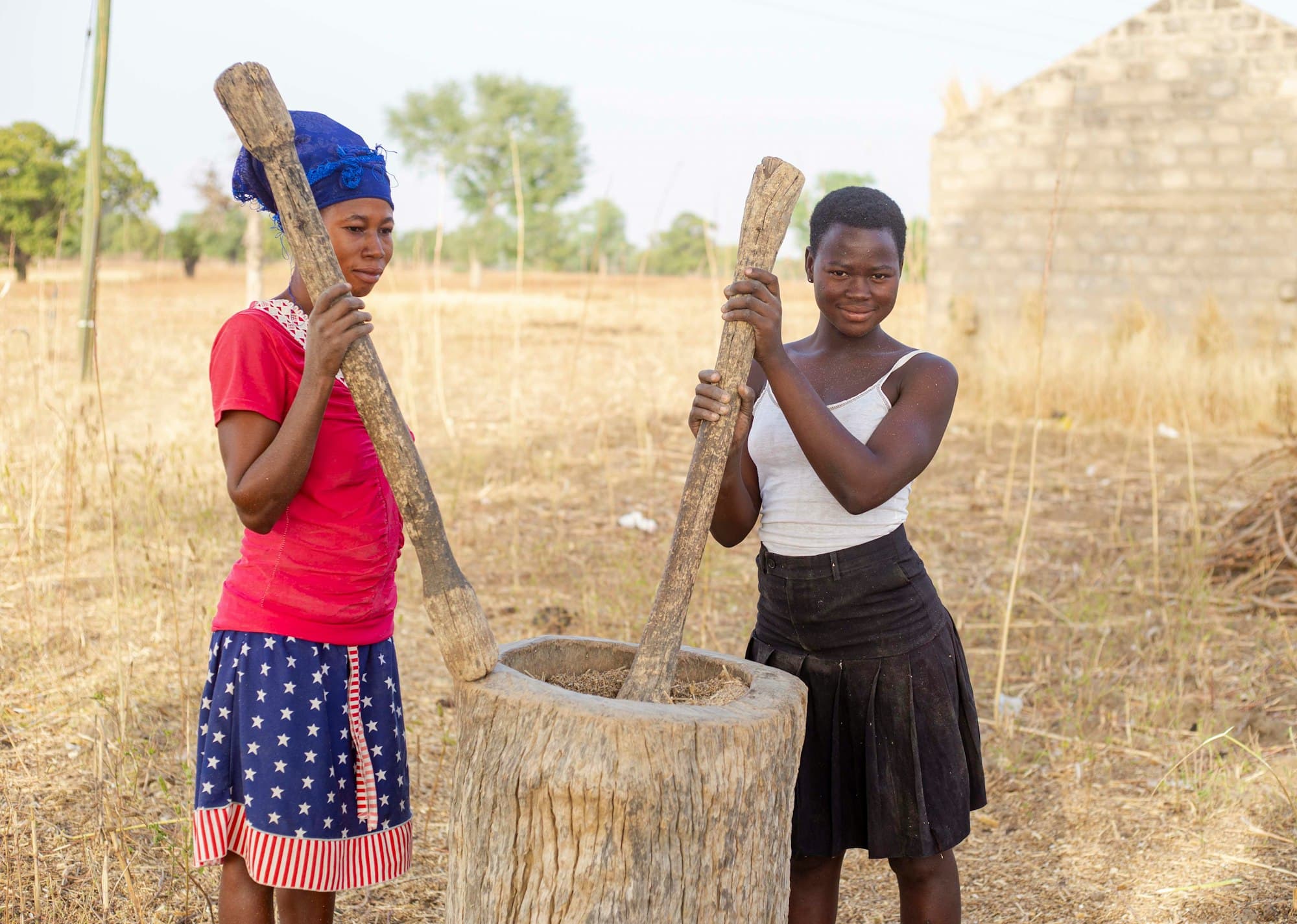 Two young women with wooden pestles at a mortar in a dry savannah field